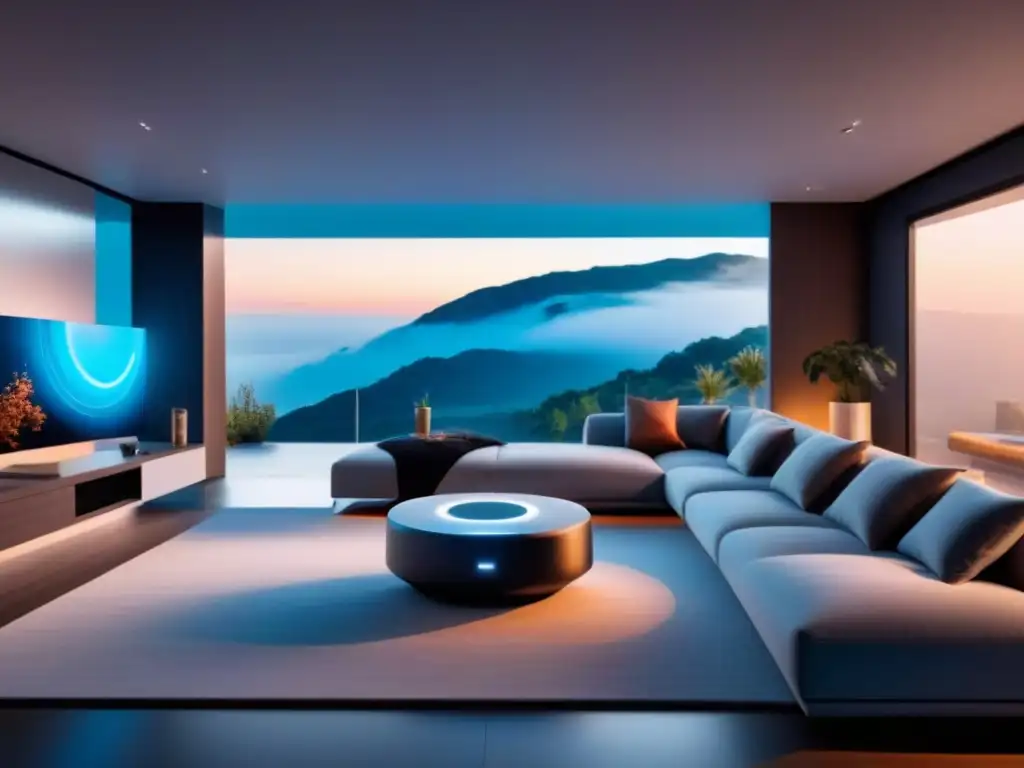 Smart Home Futurista con IA Avanzada Un hogar inteligente futurista con diseño minimalista y tecnología de inteligencia artificial integrada