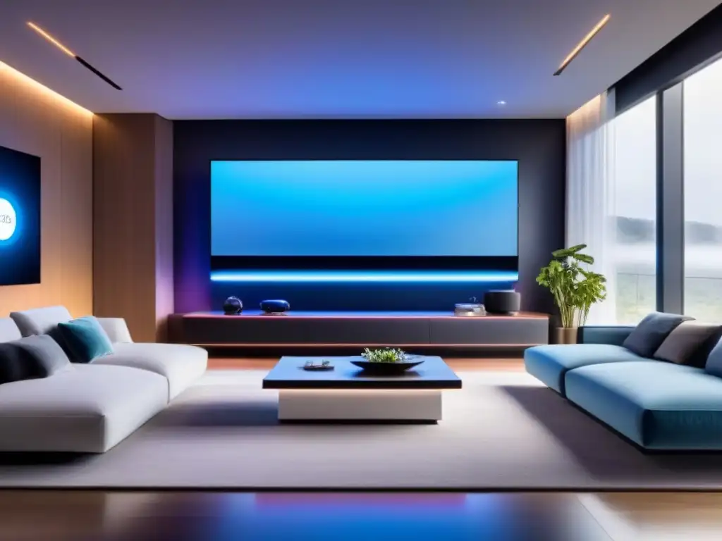 Interior de casa inteligente futurista con IA y domótica Un hogar inteligente futurista con IA, luces y control de voz