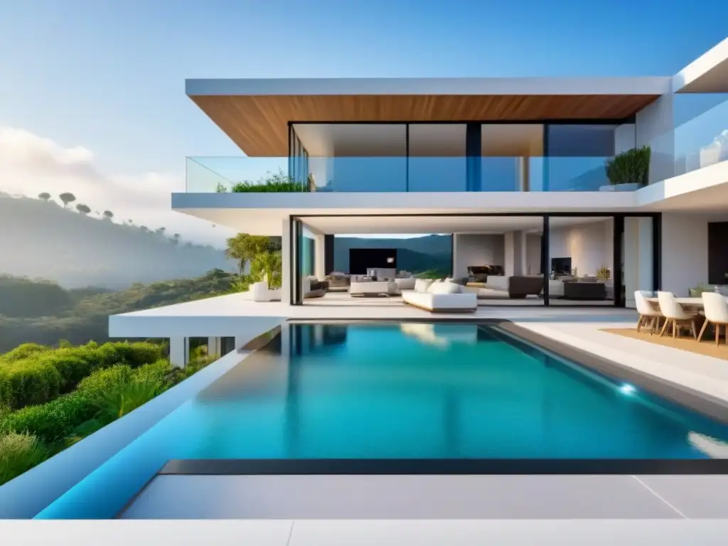 Smart Home de Lujo en Mercado Inmobiliario Internacional Un hogar inteligente futurista en un mercado inmobiliario internacional exuberante, con tecnología de vanguardia y diseño moderno