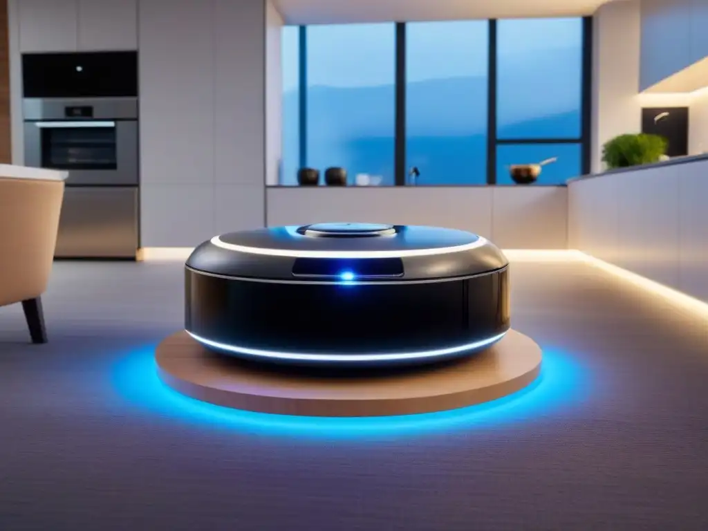 Vivienda inteligente futurista con robots de alta tecnología Un hogar inteligente futurista con robótica integrada en diseño elegante y minimalista, destacando la sinergia entre tecnología y vivienda moderna