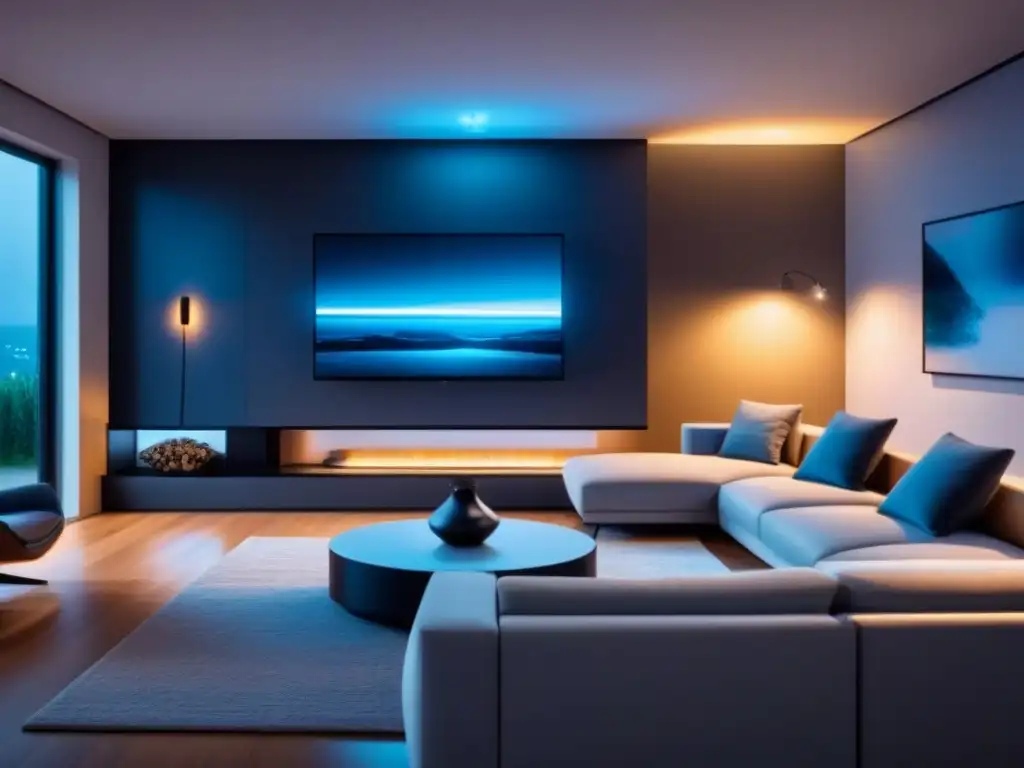 Interior de casa inteligente futurista con luces sensibles al movimiento Un hogar inteligente futurista con sensores de movimiento iluminando una elegante sala de estar