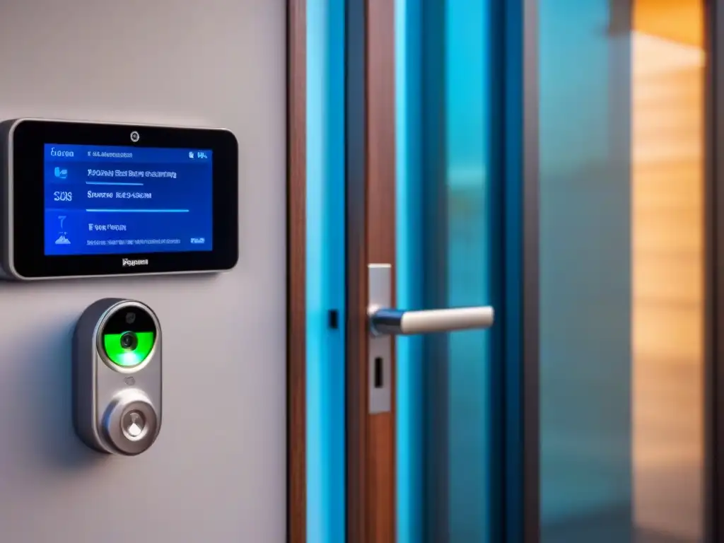 Seguridad residencial inteligente: innovación tecnológica en protección Un hogar inteligente futurista con sistemas de seguridad IoT interconectados, como una cerradura biométrica y cámaras de vigilancia