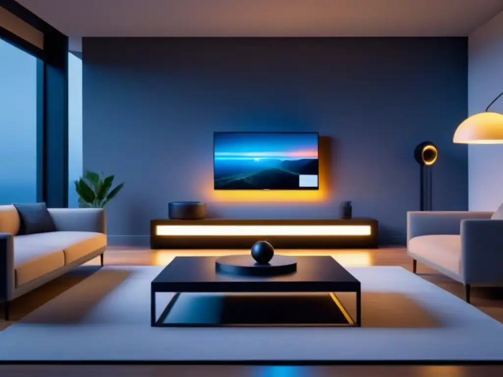Interior de casa inteligente futurista: control por voz y recomendaciones personalizadas en tiempo real Un hogar inteligente futurista con técnicas de personalización en marketing inmobiliario