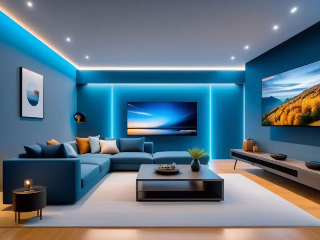 Interior de casa inteligente futurista: lujo y eficiencia Un hogar inteligente futurista con tecnología de vanguardia y lujo, ideal para inversión en mercado inmobiliario internacional