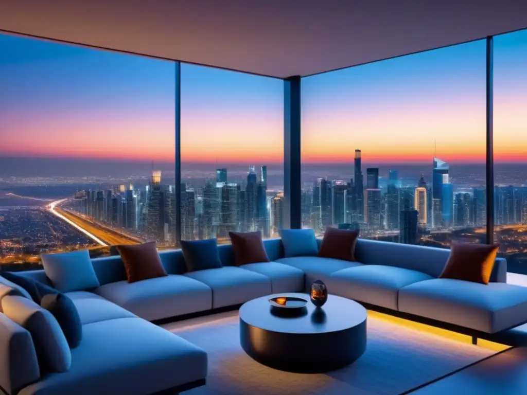 Smart home futurista con IoT integrado y vista urbana al atardecer Un hogar inteligente futurista con tecnología IoT integrada y vista a la ciudad al atardecer, para análisis predictivo IoT inversores inmobiliarios