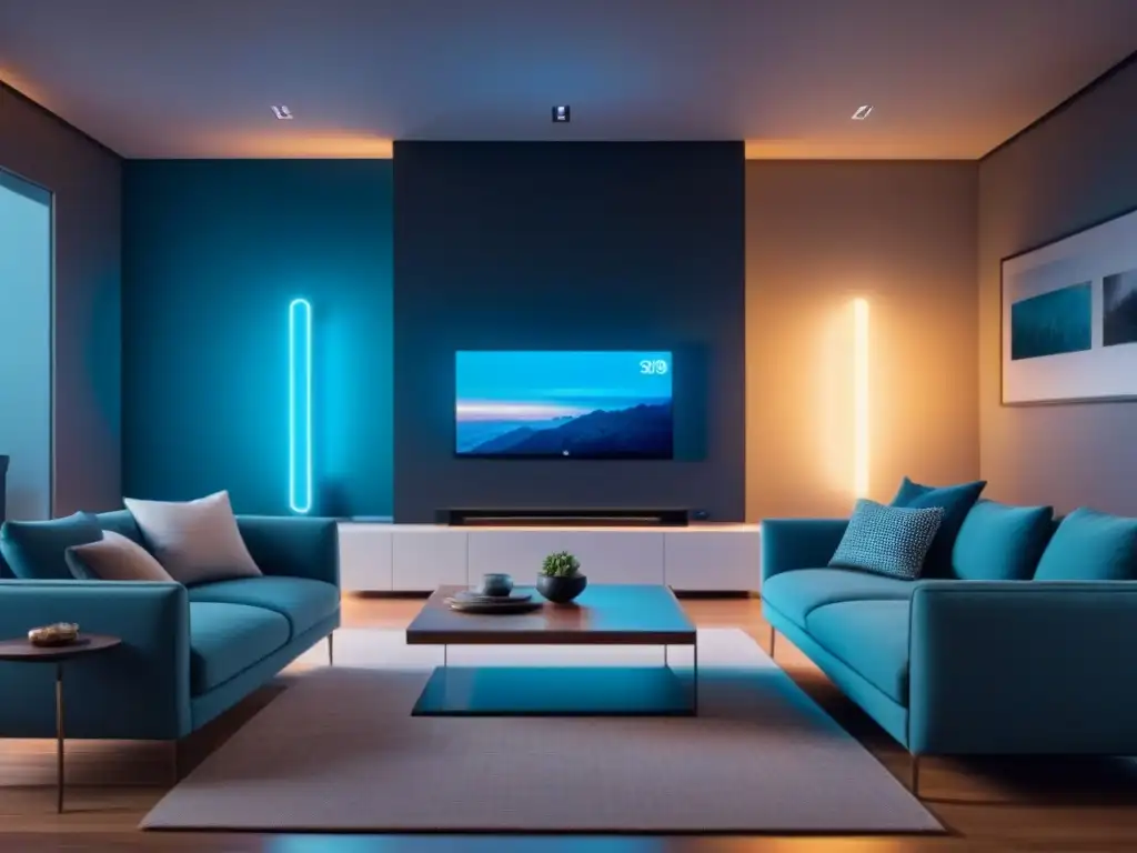 Interior de casa inteligente futurista con tecnología IoT de vanguardia Un hogar inteligente futurista con tecnología IoT integrada, mostrando comodidad y eficiencia