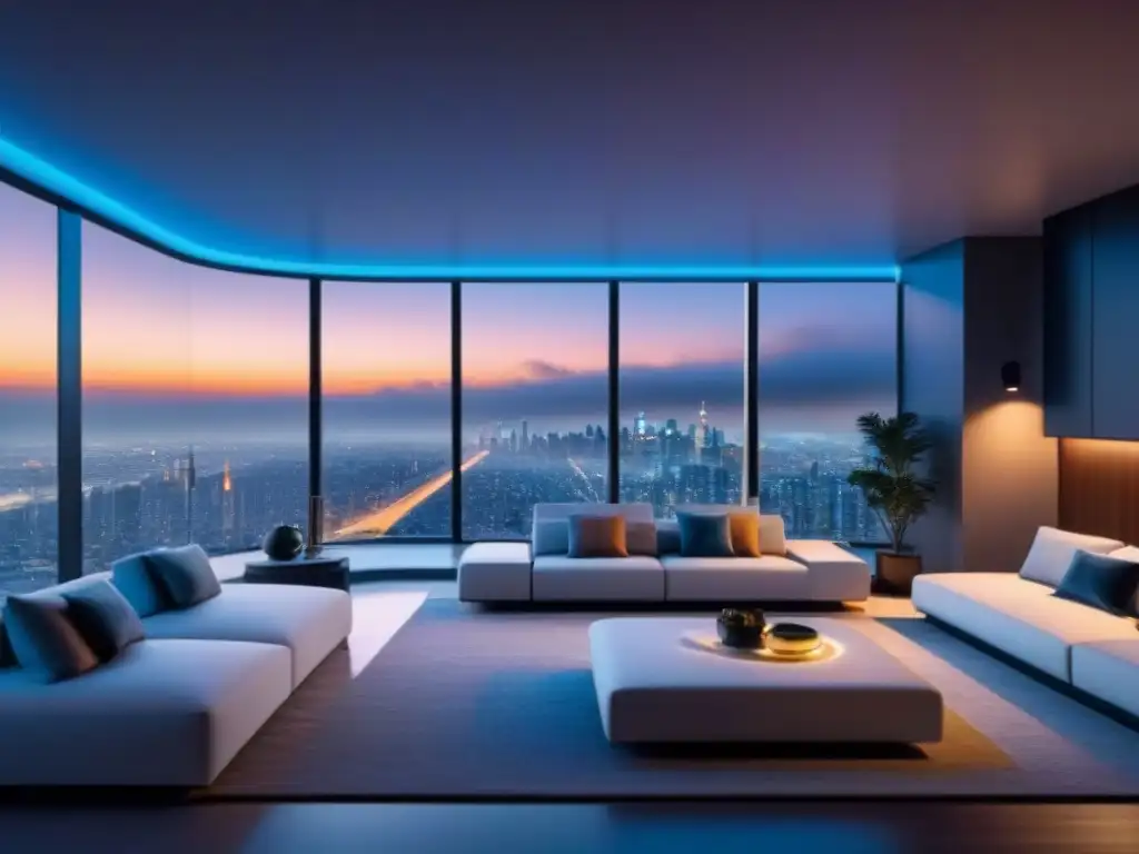 Hogar inteligente futurista: tecnología innovadora y confort moderno Un hogar inteligente futurista con tecnologías innovadoras mercado inmobiliario, diseño minimalista y vista urbana al atardecer