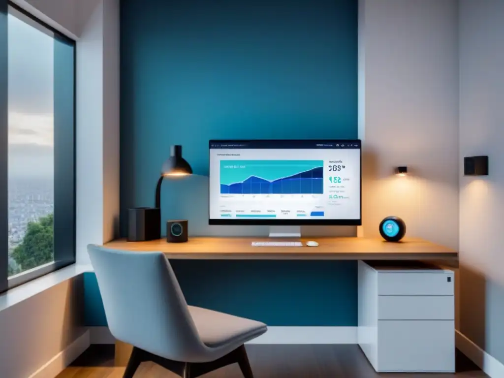 Gestión financiera inteligente para hogares futuristas Un hogar inteligente del futuro con sistema de financiamiento residencial y contratos inteligentes
