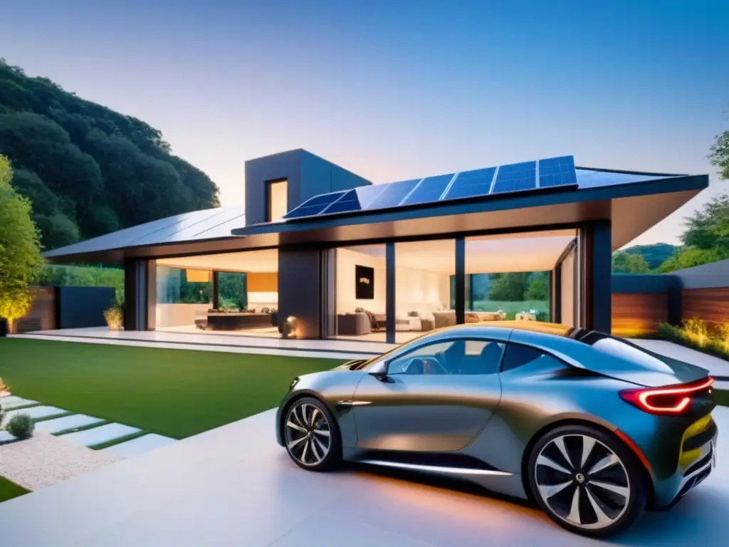 Residencia inteligente de lujo: tecnología avanzada y sostenibilidad Un hogar inteligente de lujo, con tecnología avanzada y sostenible, integrando controles por voz, iluminación automatizada y cámaras de seguridad