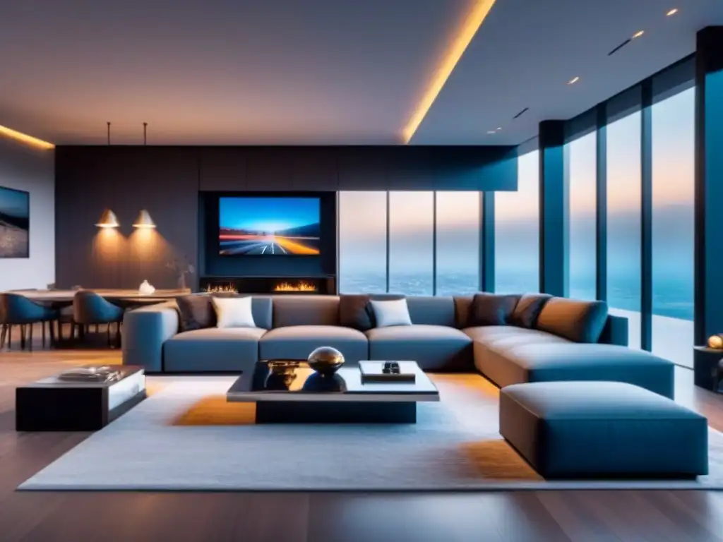 Interior de casa inteligente de lujo con tecnología de vanguardia integrada Un hogar inteligente de lujo con tecnología avanzada integrada en el diseño, destacando la automatización de propiedades internacionales 2023