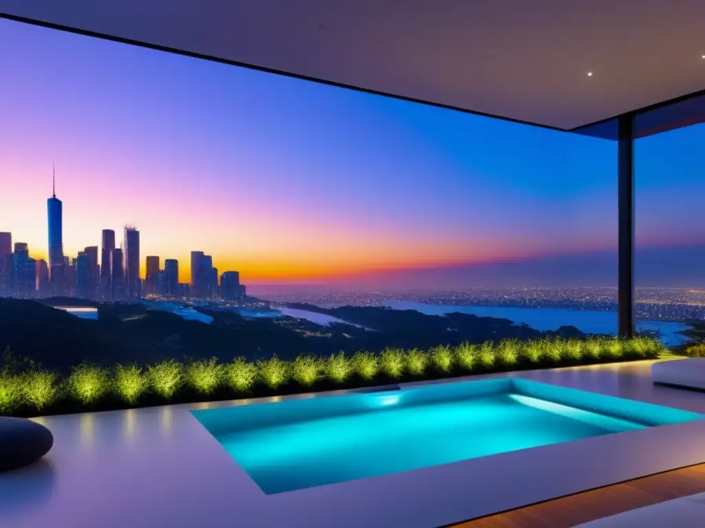 Residencia inteligente de lujo con vista panorámica al atardecer Inversión en un hogar inteligente de lujo con ventanas panorámicas y tecnología avanzada, con una vista impresionante de la ciudad al atardecer