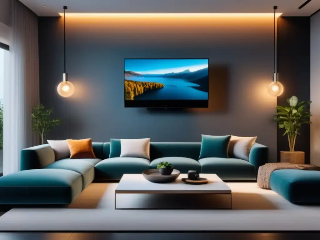 Salón inteligente de lujo: tecnología y elegancia en armonía Un hogar inteligente moderno y lujoso con tecnología avanzada integrada