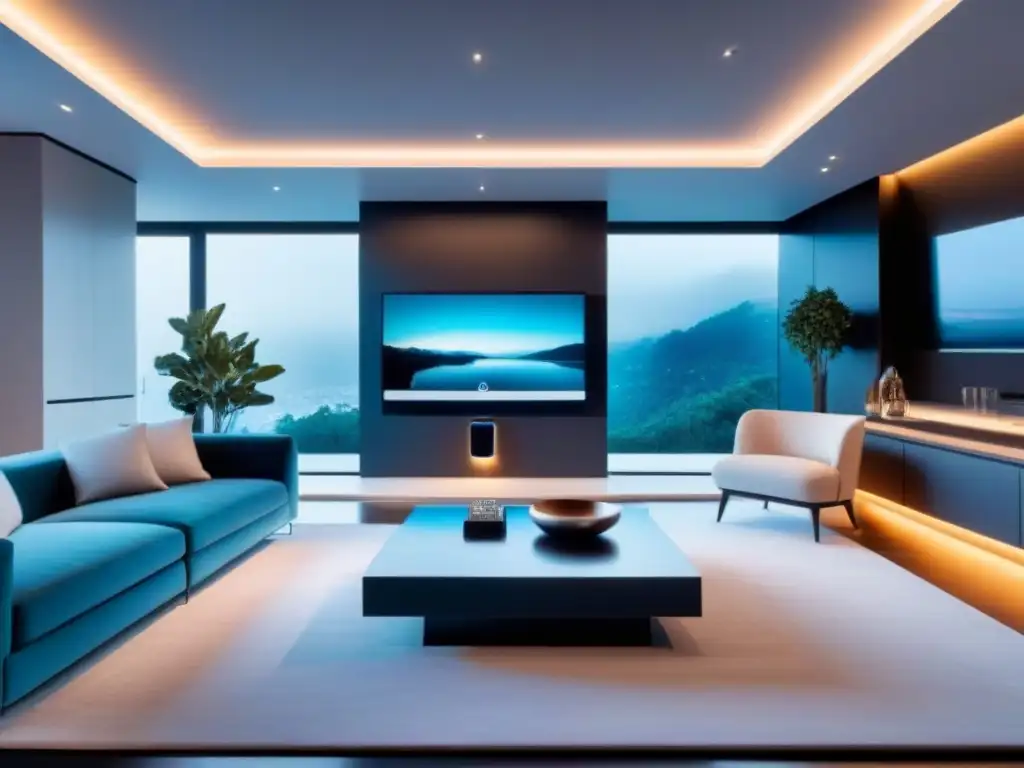 Interior de casa inteligente: tecnología de vanguardia en diseño moderno Un hogar inteligente moderno con tecnología de vanguardia integrada, ideal para agentes inmobiliarios que buscan herramientas PropTech
