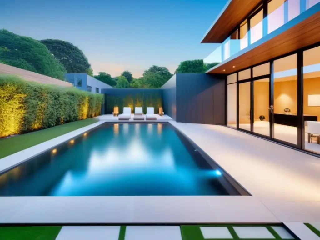 Residencia de lujo con piscina y jardín elegante en día soleado Un hogar moderno y lujoso con diseño arquitectónico elegante y jardín exquisito en un día soleado, momento ideal vender propiedad inmobiliaria