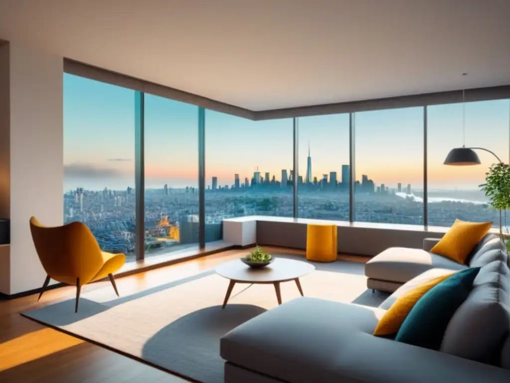 Sala de estar urbana con vista panorámica y decoración vibrante Hogar perfecto para familias grandes en la ciudad, sala espaciosa con vista urbana y decoración vibrante