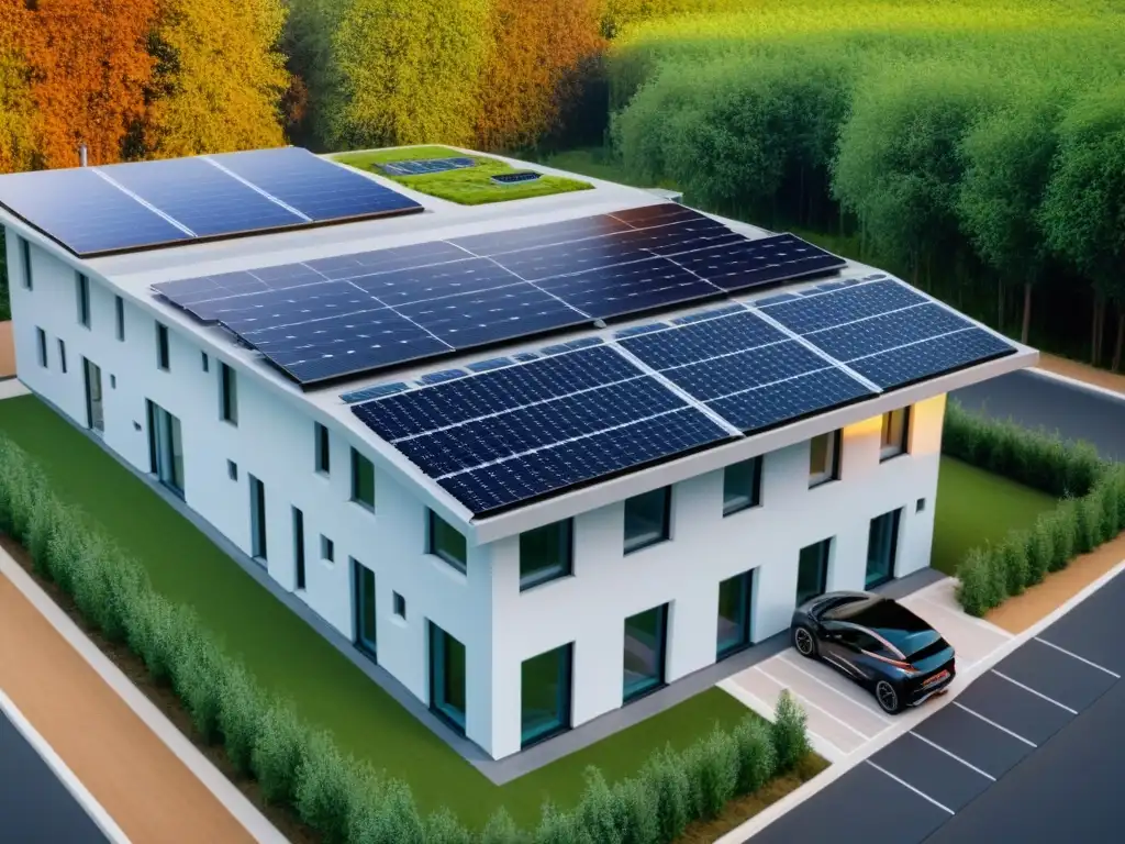 Residencia sostenible con paneles solares y coche eléctrico Un hogar sostenible con paneles solares, rodeado de vegetación y cielo azul