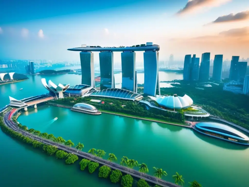 Paisaje urbano de Singapur al atardecer Un horizonte de Singapur desde el aire, con Marina Bay Sands y rascacielos