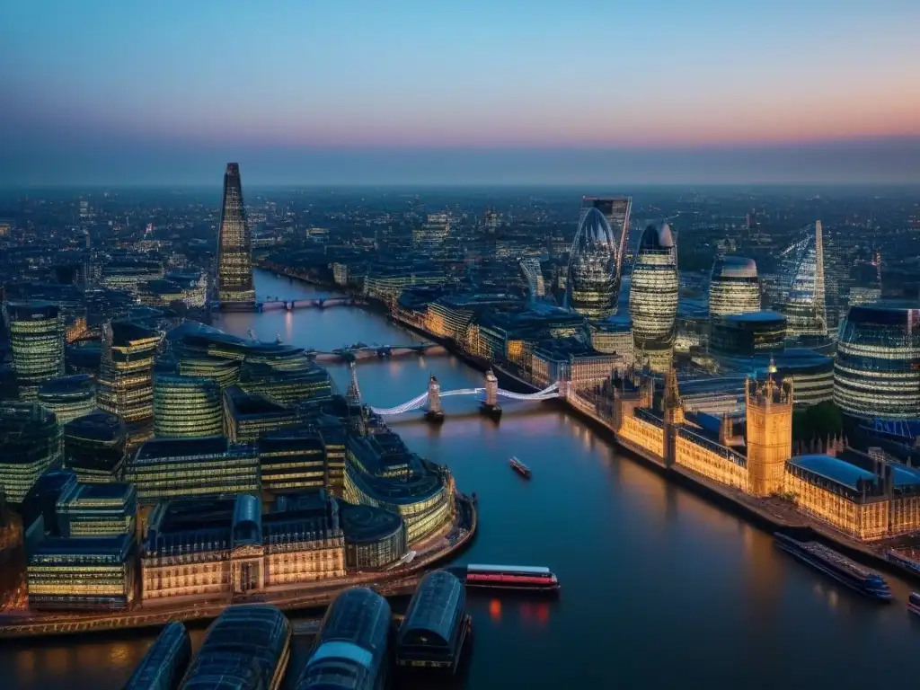 Skyline de Londres al atardecer: tradición e innovación en el sector inmobiliario postBrexit El horizonte de Londres al atardecer, fusionando lo histórico con lo moderno en el sector inmobiliario comercial postBrexit