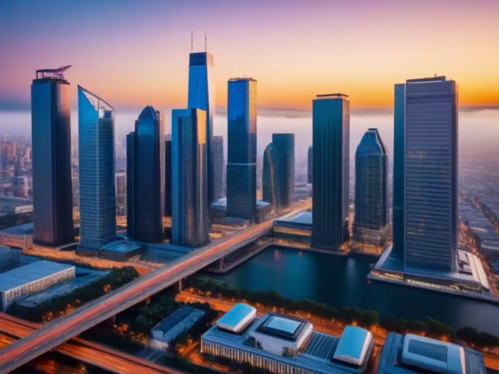 Horizonte urbano futurista al atardecer: progreso y oportunidad Un horizonte de ciudad bullicioso al anochecer, con rascacielos futuristas bañados por la cálida luz del sol poniente