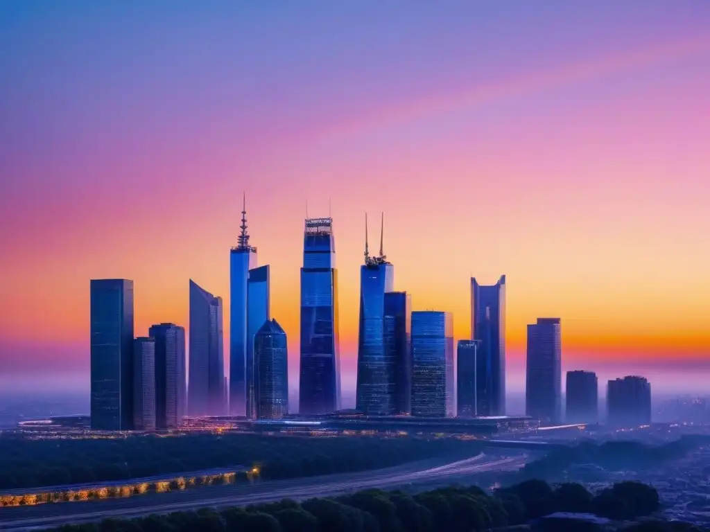 Horizonte futurista: atardecer en la ciudad tecnológica Horizonte de ciudad futurista al atardecer, con rascacielos iluminados por el sol en tonos naranja y rosa