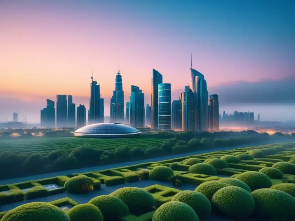 Horizonte urbano futurista sostenible al anochecer El horizonte de la ciudad futurista al anochecer, con edificios energéticamente eficientes iluminados de manera sostenible