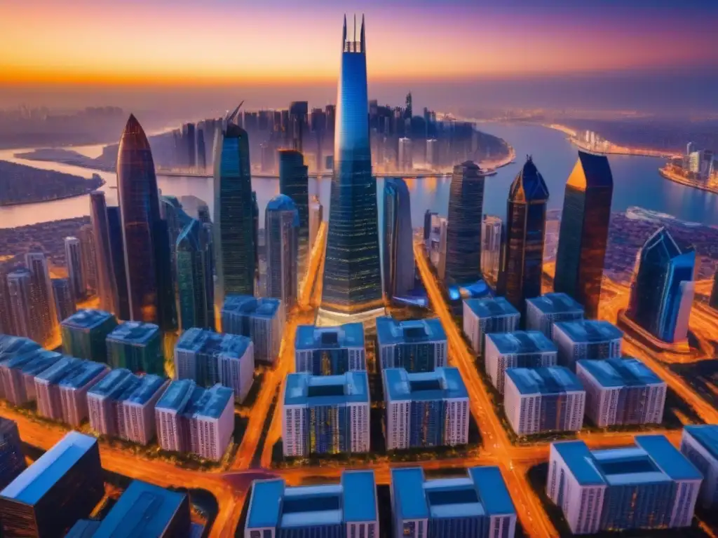 Horizonte futurista: fusionando tradición y tecnología en la ciudad global Un horizonte de ciudad futurista con impacto de fusiones en el mercado inmobiliario internacional