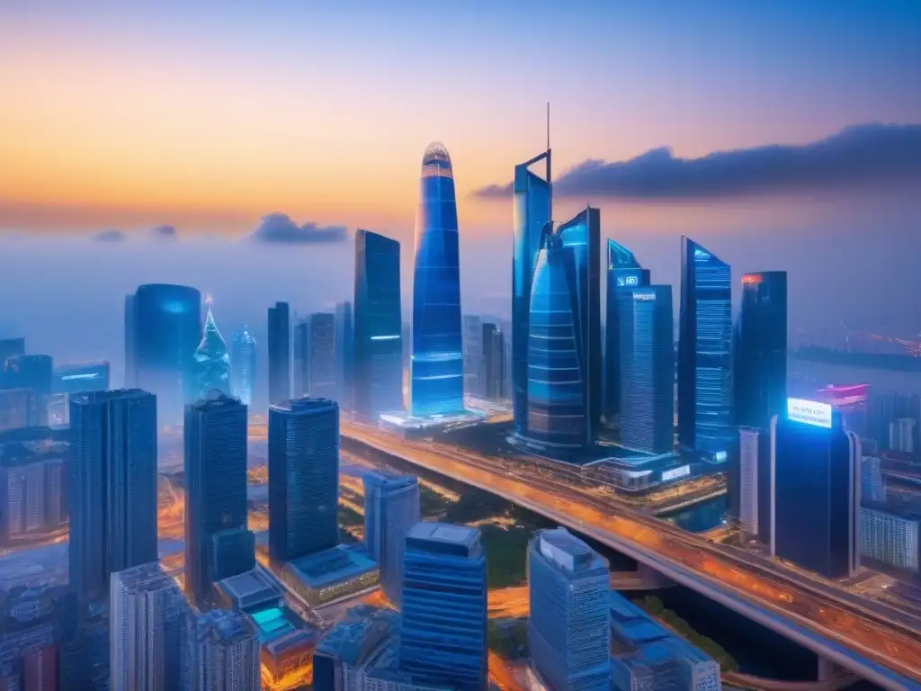 Skyline futurista: crecimiento económico y innovación en mercados emergentes Un horizonte de ciudad futurista al anochecer con rascacielos iluminados y vías elevadas, mostrando tendencias M&A en mercados emergentes