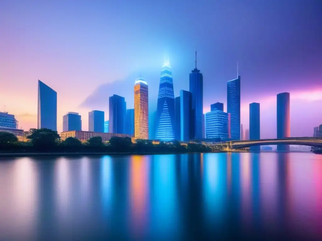 Horizonte urbano futurista con tecnología y luces neón Un horizonte de ciudad futurista con rascacielos iluminados por luces de neón sobre un río