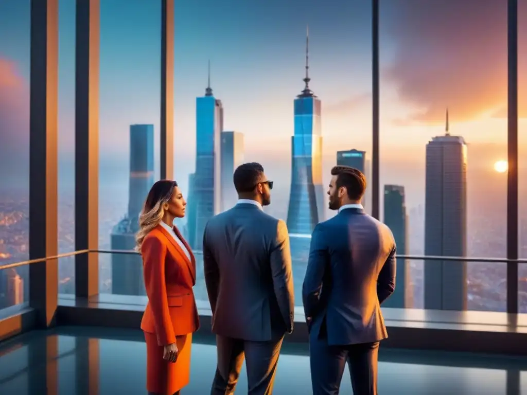 Metrópolis futurista: atardecer vibrante en la ciudad de cristal y acero Un horizonte de ciudad futurista con rascacielos reflectantes bajo el sol poniente, mientras profesionales discuten