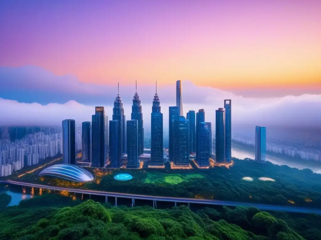 Metrópolis futurista: armonía entre naturaleza e innovación Horizonte de ciudad futurista con rascacielos interconectados y tecnología avanzada, rodeados de vegetación exuberante, en un atardecer vibrante