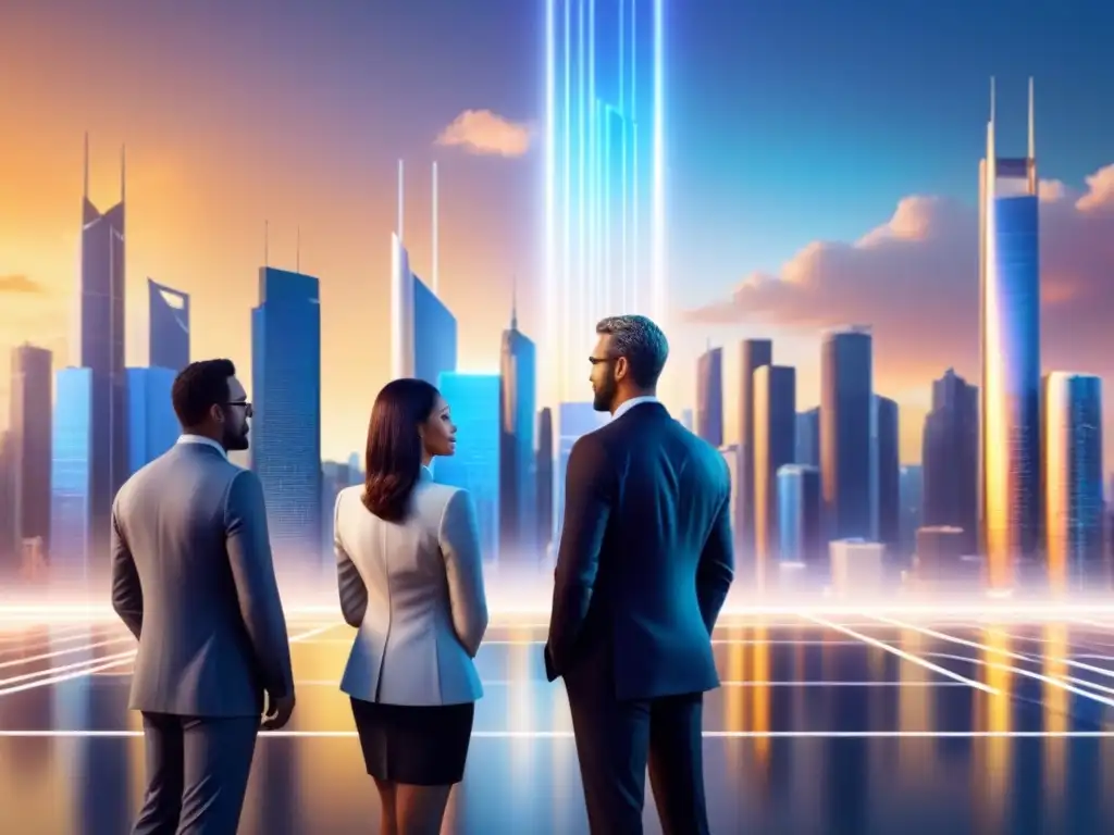 Metrópolis futurista: inversión global y conectividad en la era digital Un horizonte de ciudad futurista con rascacielos relucientes conectados por líneas brillantes, reflejando la luz dorada del atardecer