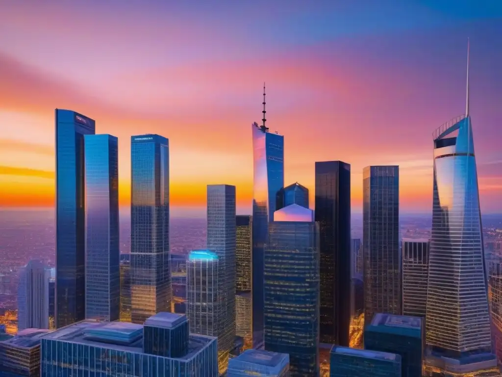 Horizonte urbano moderno al atardecer: distrito financiero iluminado Un horizonte de ciudad moderna al atardecer con rascacielos iluminados, reflejando poder financiero