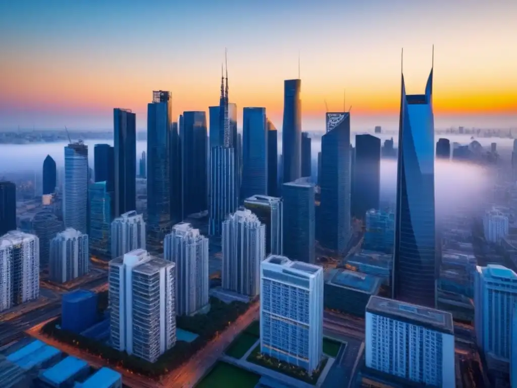 Horizonte urbano al atardecer: metrópolis moderna y dinámica Horizonte de ciudad moderna al atardecer, reflejando el sol en rascacielos