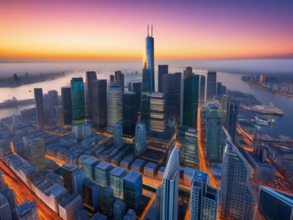 Horizonte urbano moderno con rascacielos al atardecer Un horizonte de ciudad moderna con rascacielos reflejando la puesta de sol, simbolizando adquisiciones corporativas y expansión global de negocios
