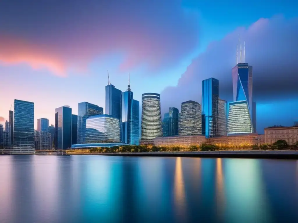 Horizonte urbano moderno al atardecer: impacto global en mercados inmobiliarios Horizonte de ciudad moderna al anochecer con rascacielos iluminados sobre un río tranquilo