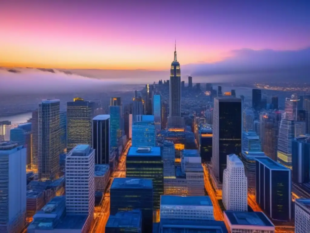 Horizonte urbano vibrante al atardecer: mezcla de modernidad y tradición Horizonte de una ciudad vibrante al atardecer, mezcla de rascacielos y arquitectura histórica