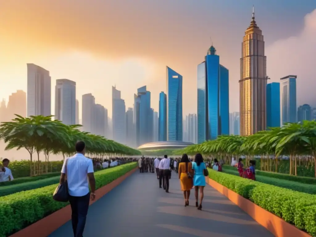 Skyline urbano: crecimiento económico en mercado inmobiliario emergente Un horizonte de ciudad vibrante con rascacielos reflejando el sol dorado, gente caminando en una moderna avenida