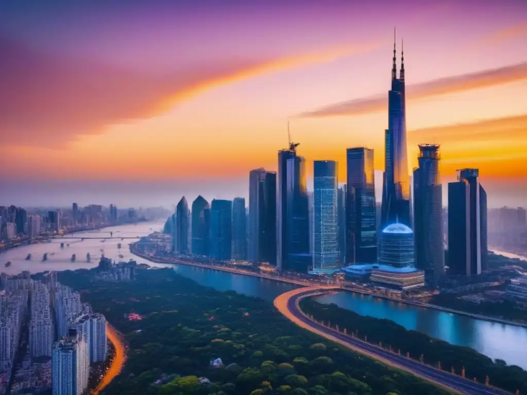 Oportunidades de inversión globales: luces de la ciudad al atardecer Un horizonte de ciudad vibrante con rascacielos que reflejan los tonos dorados del atardecer, simbolizando oportunidades de inversión global y la naturaleza dinámica del mercado inmobiliario influenciado por fusiones y adquisiciones