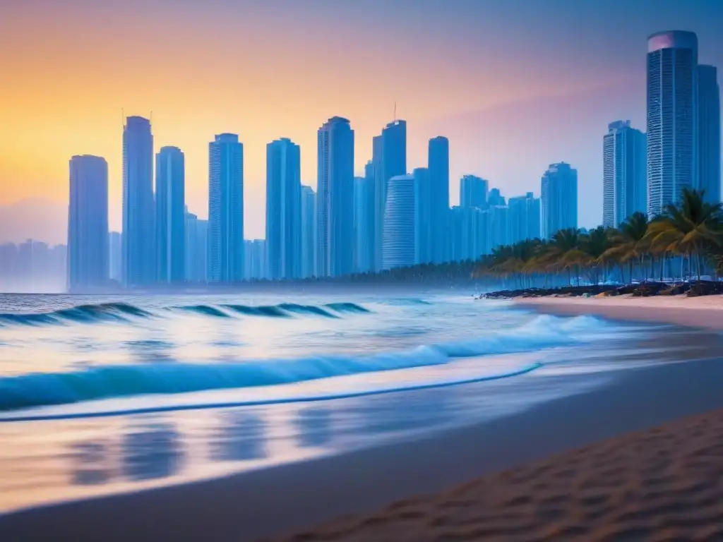Horizonte costero al atardecer: lujo y calma frente al cambio climático Horizonte costero al atardecer con edificios de lujo y el impacto del nivel del mar en bienes raíces