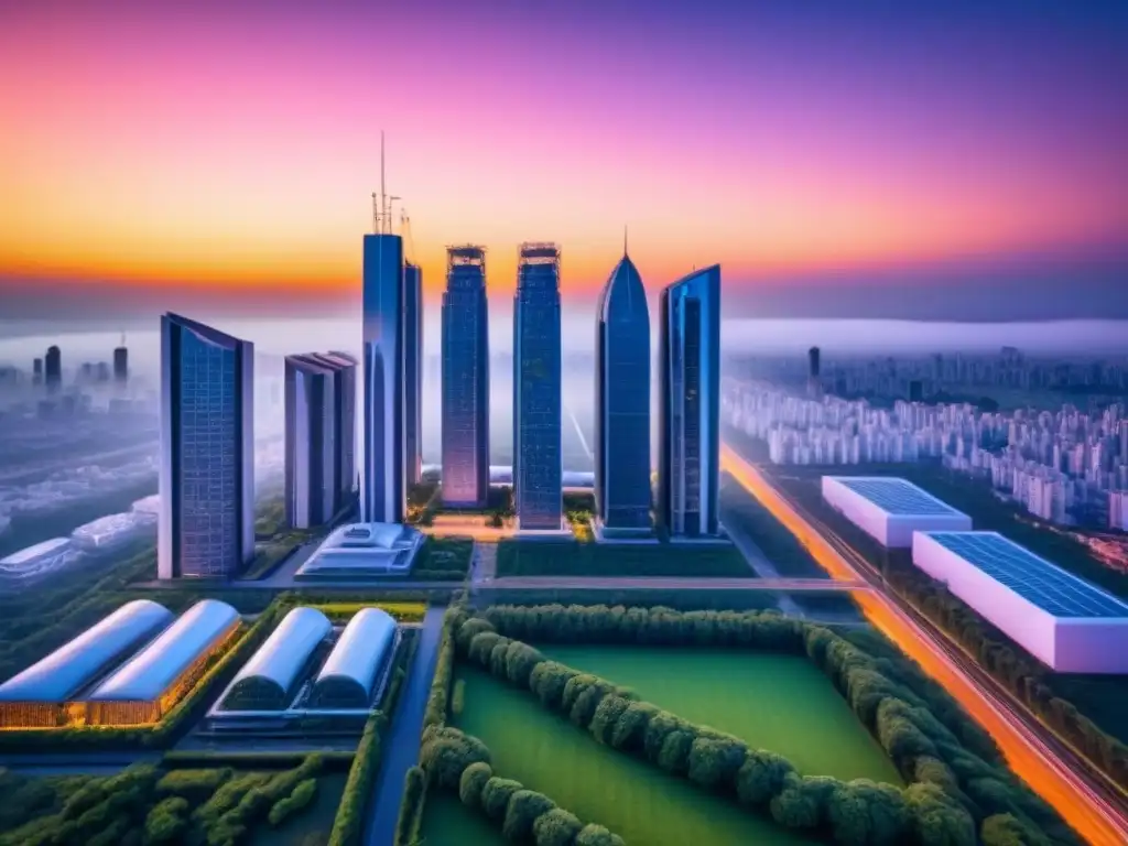 Horizonte futurista: ciudades sostenibles en armonía con la naturaleza Un horizonte futurista al atardecer, con rascacielos sostenibles integrando vegetación