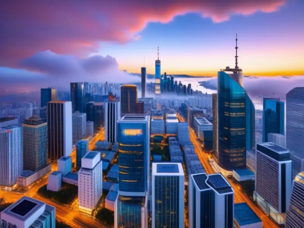 Metrópolis futurista: blockchain en el mercado inmobiliario Un horizonte futurista al atardecer con rascacielos y tecnología blockchain, drones y datos, integrando regulaciones blockchain mercado inmobiliario