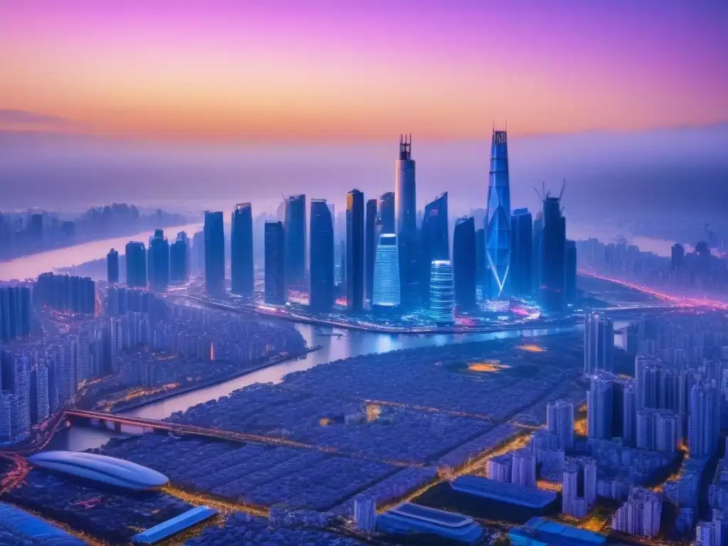 Horizonte futurista: metrópolis asiática vibrante Un horizonte futurista en una bulliciosa metrópolis asiática con rascacielos innovadores y luces de neón, bajo un atardecer impresionante