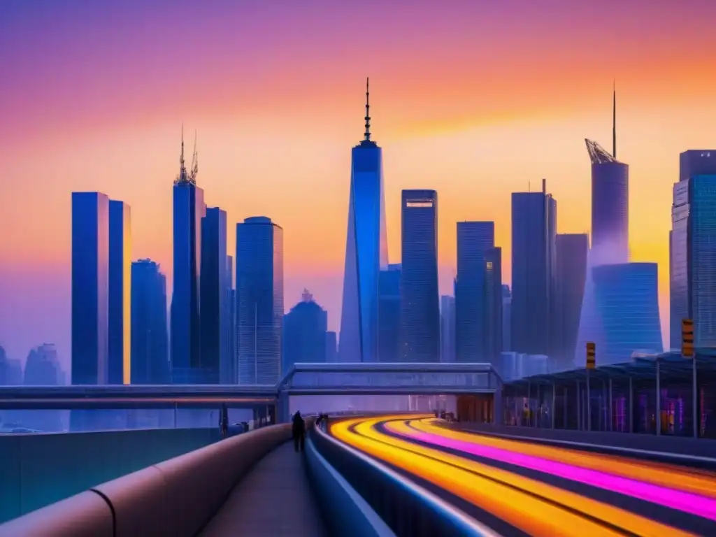 Metrópolis futurista al atardecer: 8k ultra detallado Un horizonte futurista de una ciudad al atardecer, reflejando modernidad y sofisticación