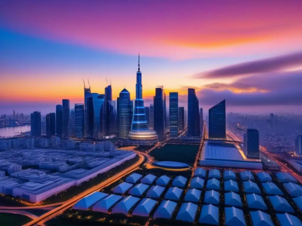 Horizonte futurista: inversión inmobiliaria global Horizonte futurista de una ciudad bulliciosa con rascacielos brillantes reflejando el atardecer, ideal para estrategias de inversión global en mercados inmobiliarios emergentes