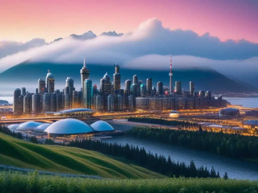 Horizonte futurista: ciudad canadiense en crecimiento Un horizonte futurista de una ciudad canadiense emergente, con rascacielos y montañas nevadas al atardecer