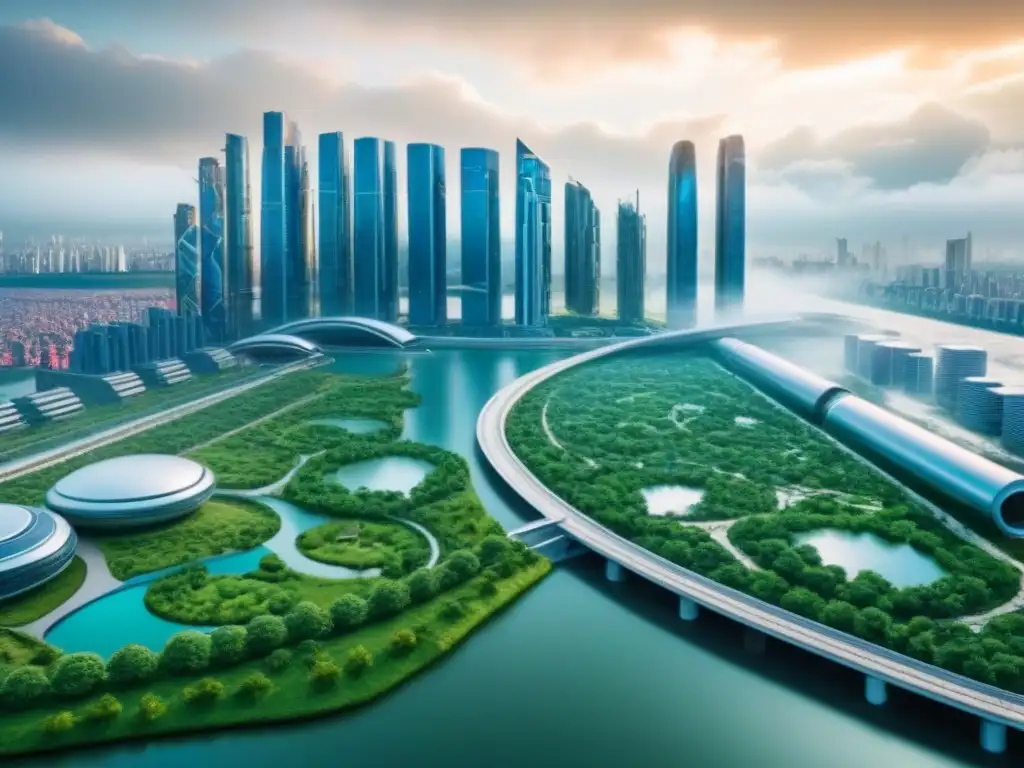 Skyline futurista: edificios resilientes y sostenibles Horizonte futurista de ciudad con edificios resilientes y planificación urbana postdesastre inversión
