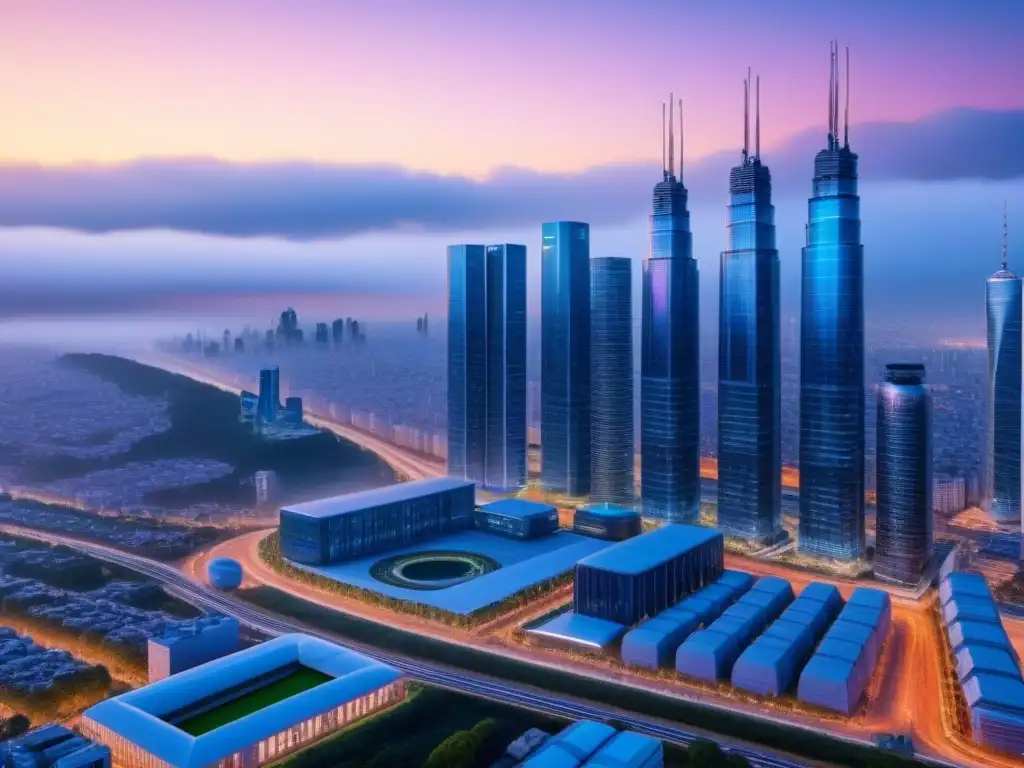 Futurismo urbano: Smart city 8k con IA y IoT Un horizonte futurista de una ciudad inteligente con IA y IoT, mostrando rascacielos iluminados con luces LED