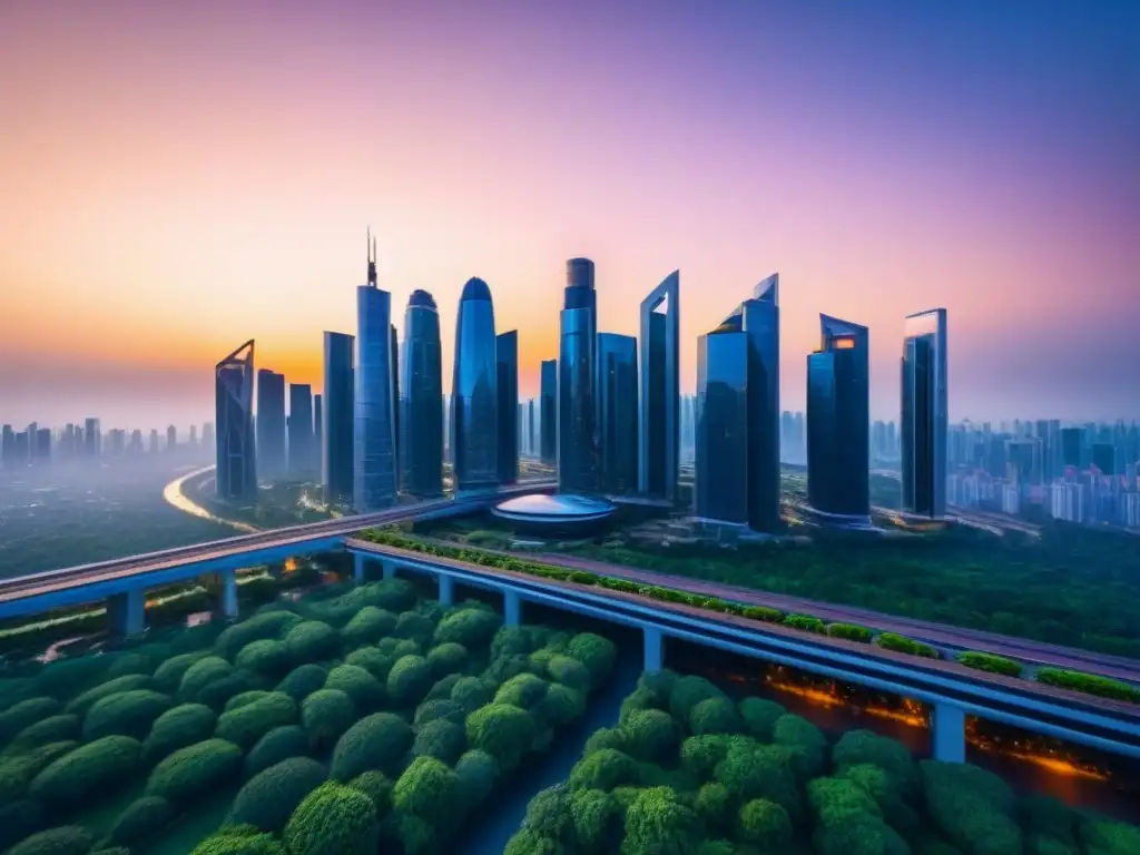 Horizonte futurista: rascacielos al atardecer Horizonte futurista de la ciudad con rascacielos y naturaleza exuberante, reflejando el sol