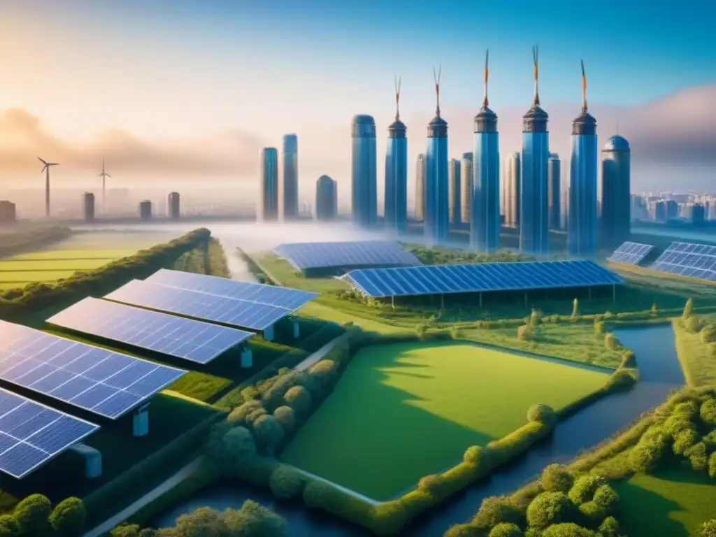 Horizonte futurista: ciudad sostenible con energía renovable Un horizonte futurista dominado por rascacielos ecológicos con paneles solares y turbinas eólicas
