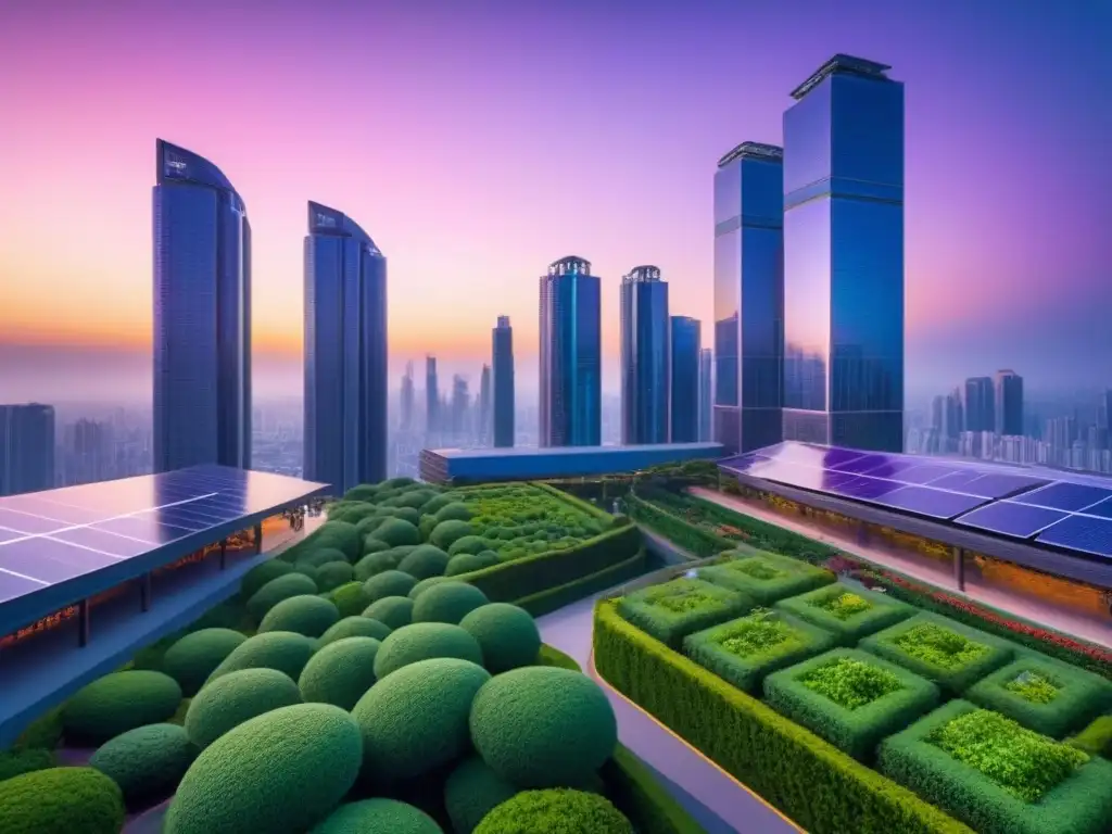 Cityscape futurista con rascacielos sostenibles y naturaleza exuberante Un horizonte futurista dominado por rascacielos sostenibles con vegetación, conectados por pasarelas elevadas y paneles solares
